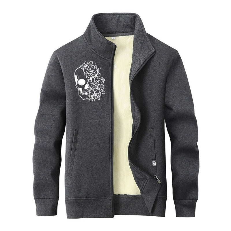 Half Face Skeleton Flower Stand Collar Zip Cardigan