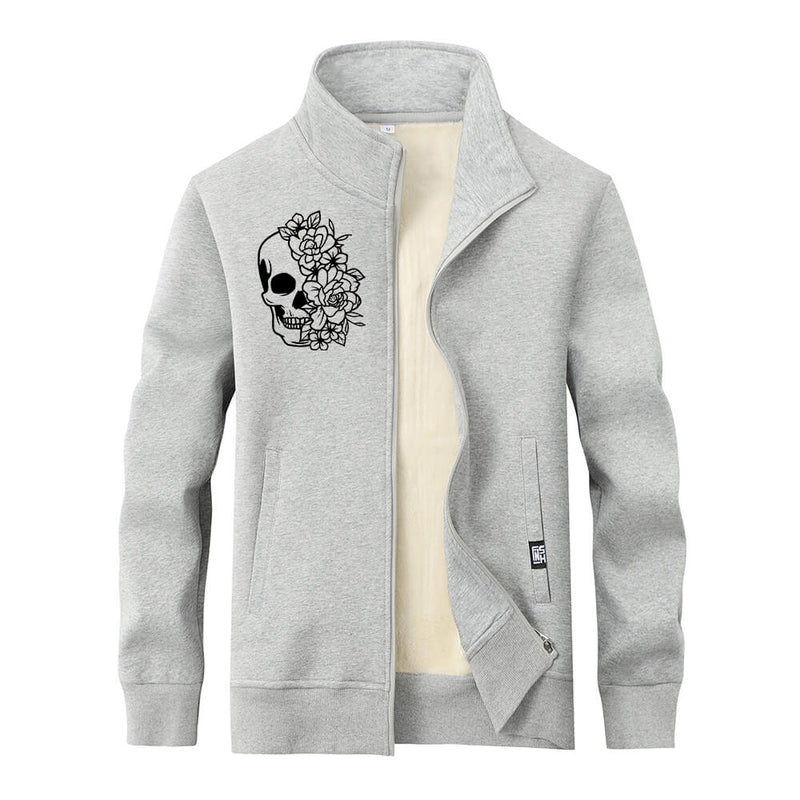 Half Face Skeleton Flower Stand Collar Zip Cardigan