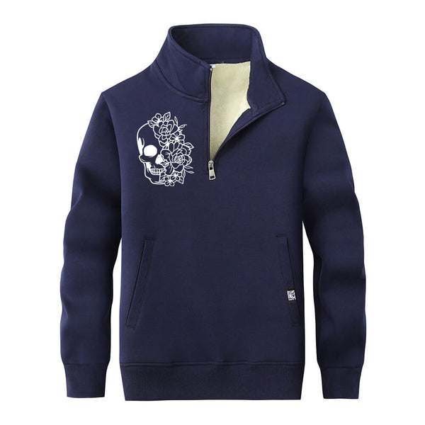 Half Face Skeleton Flower Stand Collar Zip Sweatshirt