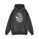 Half Face Skeleton Flower Vintage Vintage Washed Hoodie