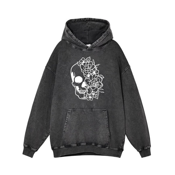 Half Face Skeleton Flower Vintage Vintage Washed Hoodie