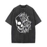 Half Face Skeleton Flower Vintage Washed T-shirt