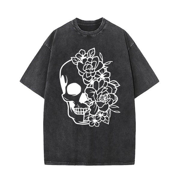 Half Face Skeleton Flower Vintage Washed T-shirt