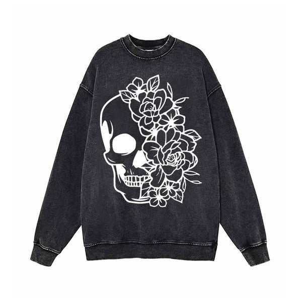 Half Face Skeleton Flower Vintage Vintage Washed Sweatshirt