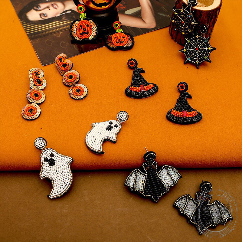 Halloween Hat Ghost Pumpkin Bat Rice Bead Earrings 01 | Gthic.com