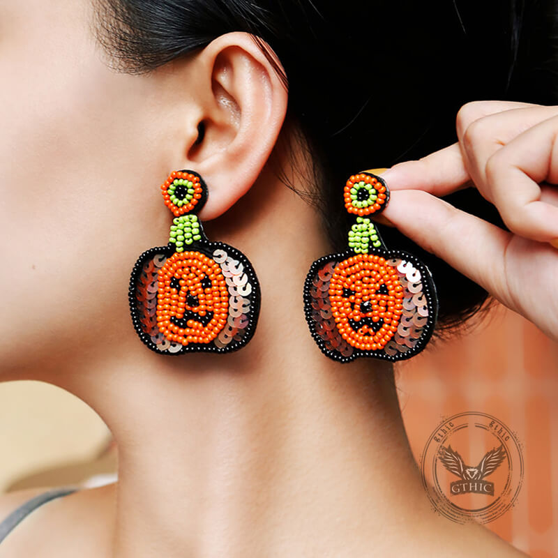 Halloween Hat Ghost Pumpkin Bat Rice Bead Earrings 02 | Gthic.com