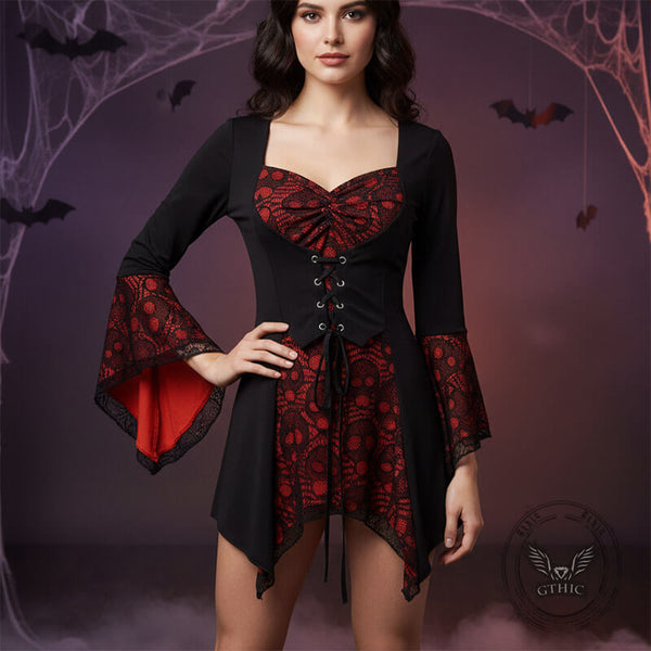 Halloween Lace Skull Lace-up Bell Sleeve Gothic Top | Gthic.com