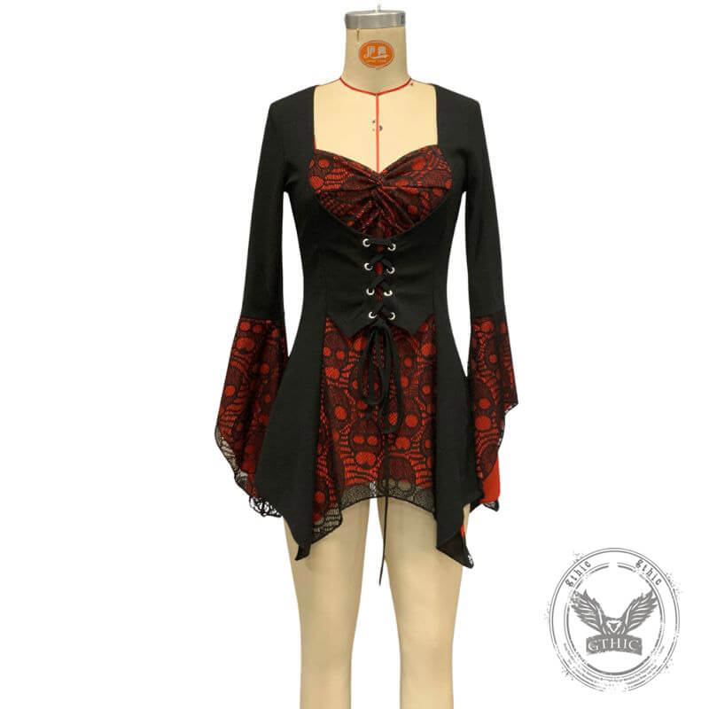 Halloween Lace Skull Lace-up Bell Sleeve Gothic Top | Gthic.com