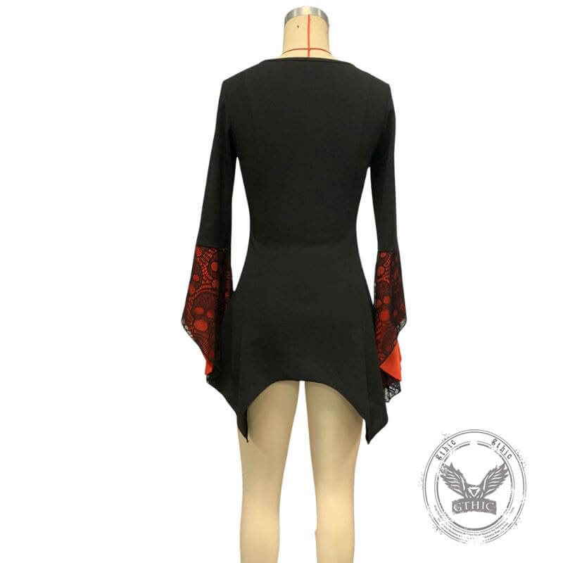 Halloween Lace Skull Lace-up Bell Sleeve Gothic Top | Gthic.com