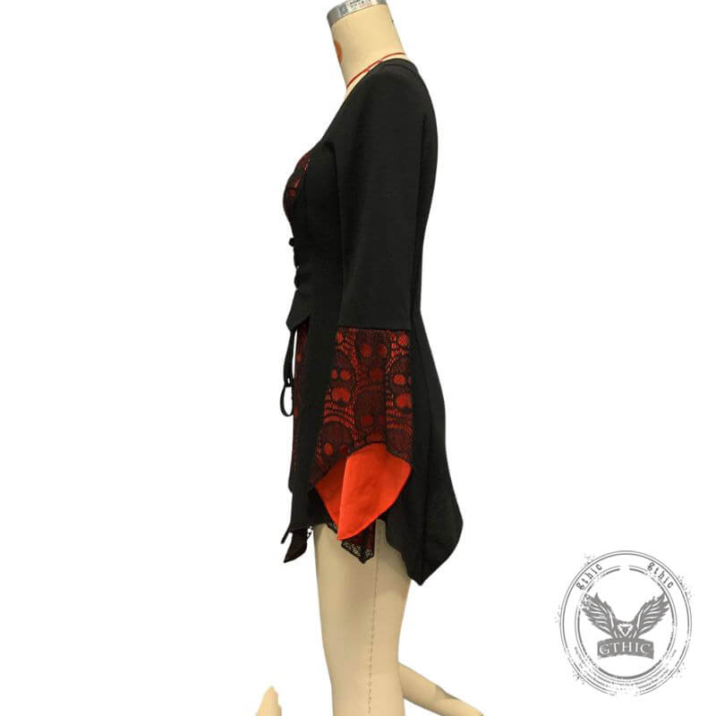Halloween Lace Skull Lace-up Bell Sleeve Gothic Top