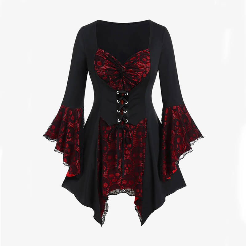 Halloween Lace Skull Lace-up Bell Sleeve Gothic Top | Gthic.com