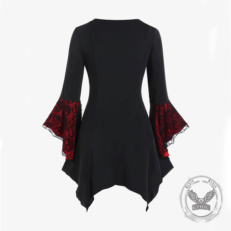 Halloween Lace Skull Lace-up Bell Sleeve Gothic Top | Gthic.com