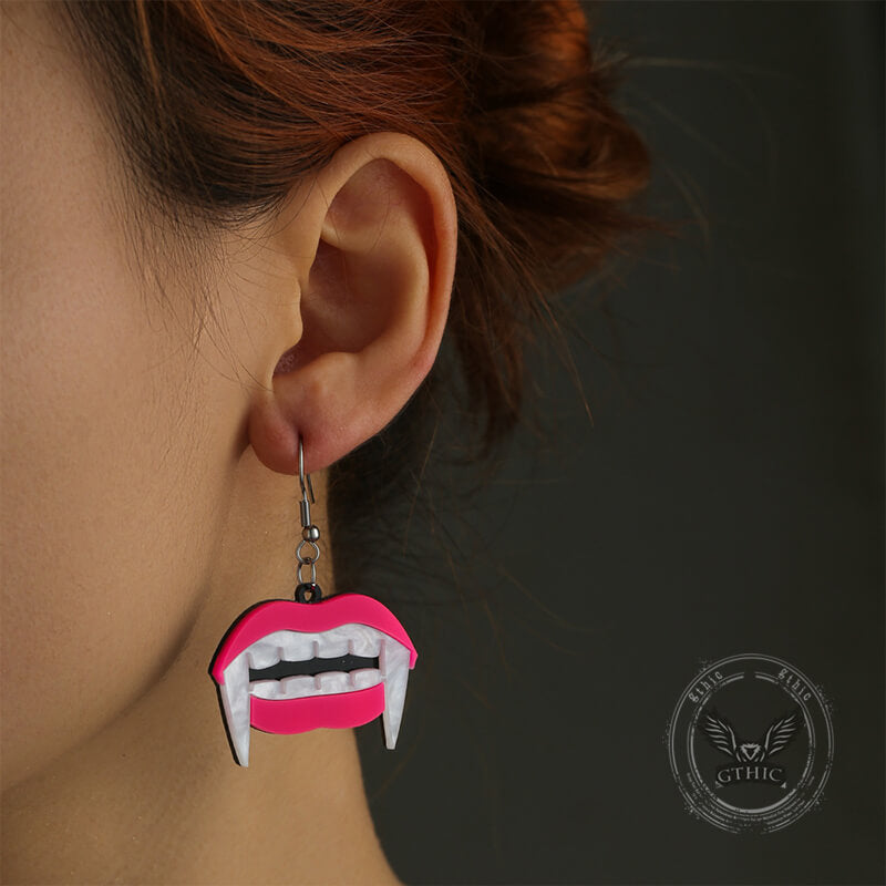 Halloween Pink Mouth Fangs Acrylic Earrings 02 | Gthic.com