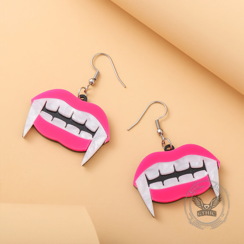 Halloween Pink Mouth Fangs Acrylic Earrings 03 | Gthic.com