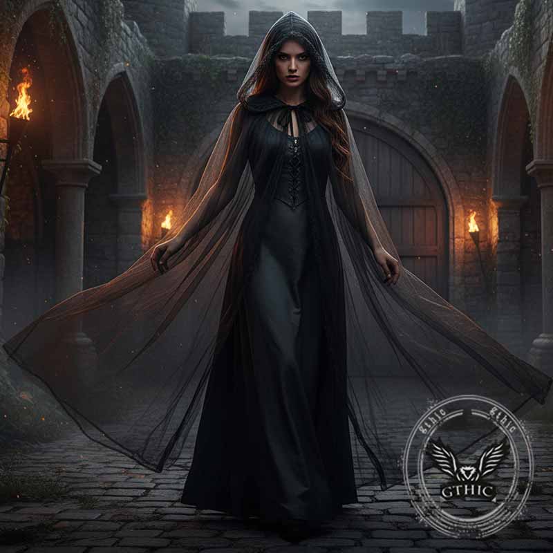 Halloween Witch Cosplay Mesh Long Hooded Cloak 02 | Gthic.com