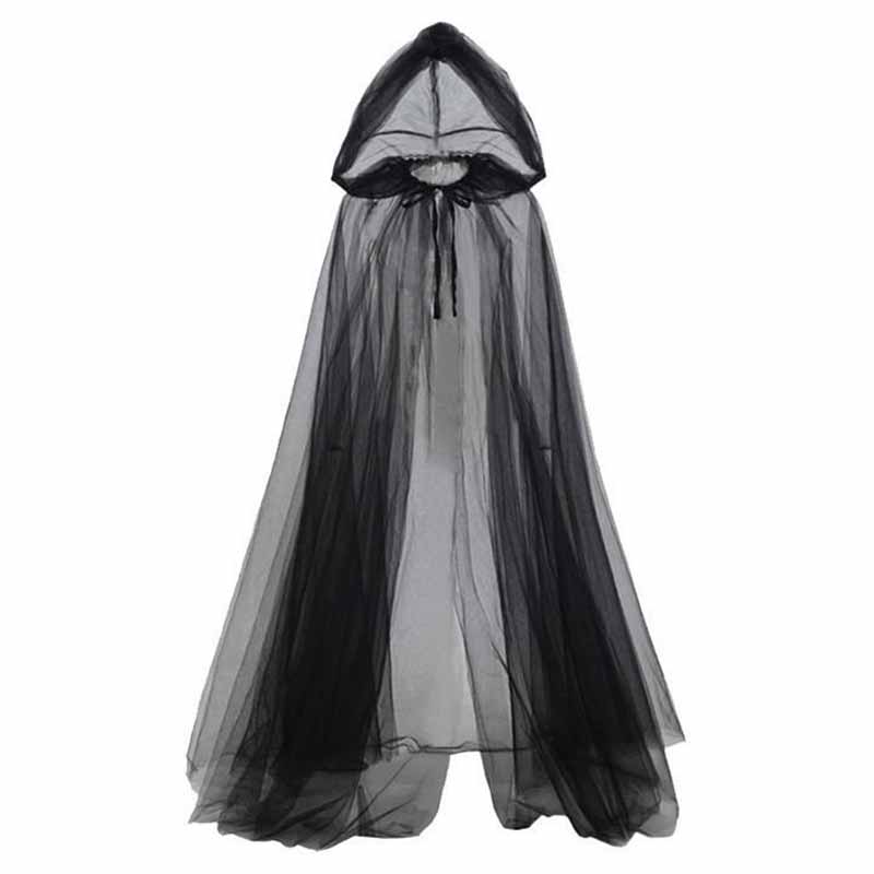 Halloween Witch Cosplay Mesh Long Hooded Cloak