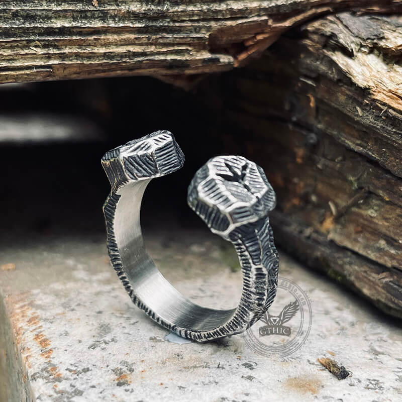 Hammered Pattern Runes Stainless Steel Open Ring | Gthic.com