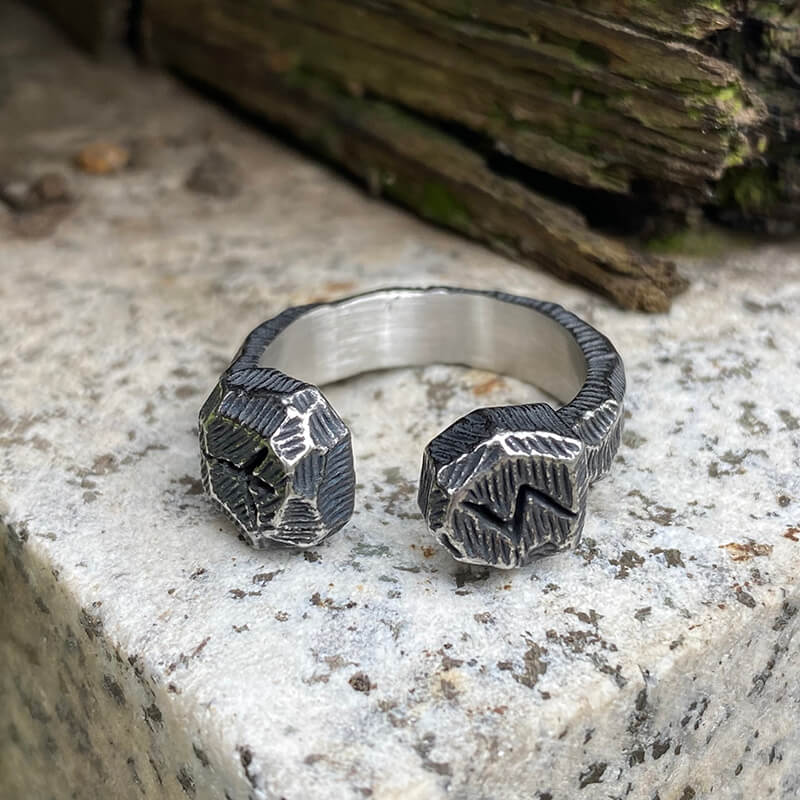 Hammered Pattern Runes Stainless Steel Open Ring | Gthic.com