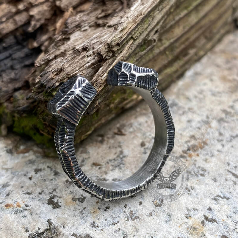 Hammered Pattern Runes Stainless Steel Open Ring | Gthic.com