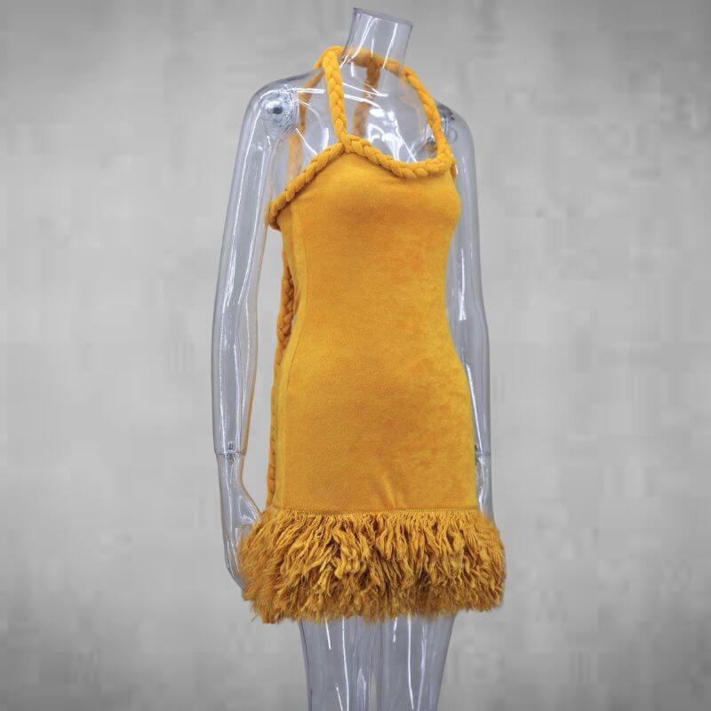 Hand-Woven Rope Strap Fringe-Hem Yellow Mini Dress – GTHIC