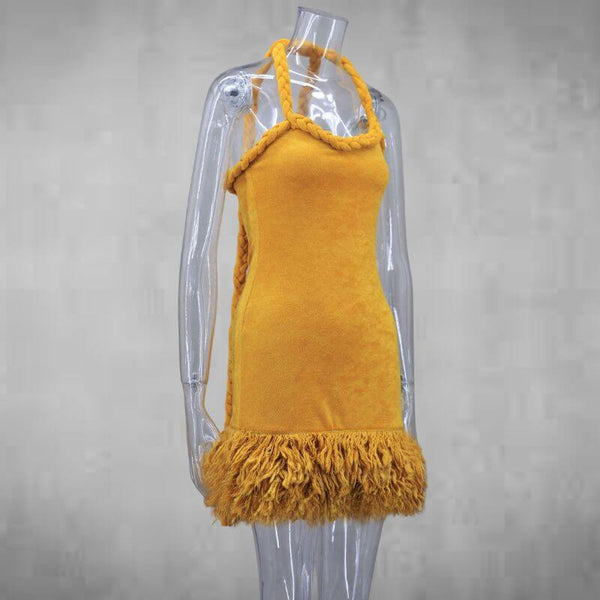 Hand-Woven Rope Strap Fringe-Hem Mini Dress | Gthic.com