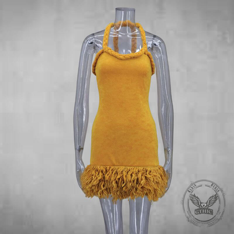 Hand-Woven Rope Strap Fringe-Hem Yellow Mini Dress – GTHIC