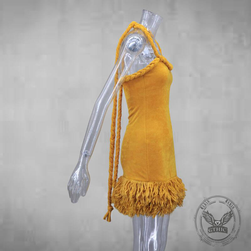 Hand-Woven Rope Strap Fringe-Hem Mini Dress