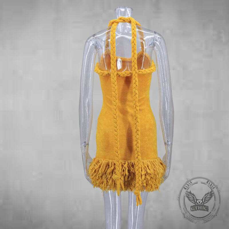 Hand-Woven Rope Strap Fringe-Hem Mini Dress