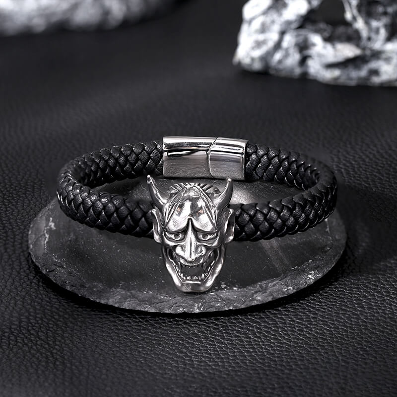Hannya Oni Stainless Steel Leather Bracelet | Gthic.com