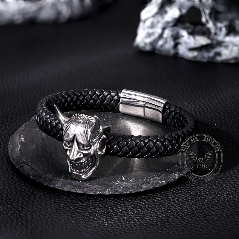 Hannya Oni Stainless Steel Leather Bracelet | Gthic.com