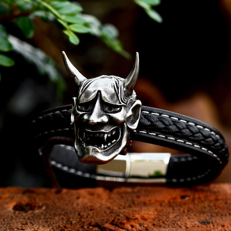 Hannya Oni Stainless Steel Leather Bracelet | Gthic.com