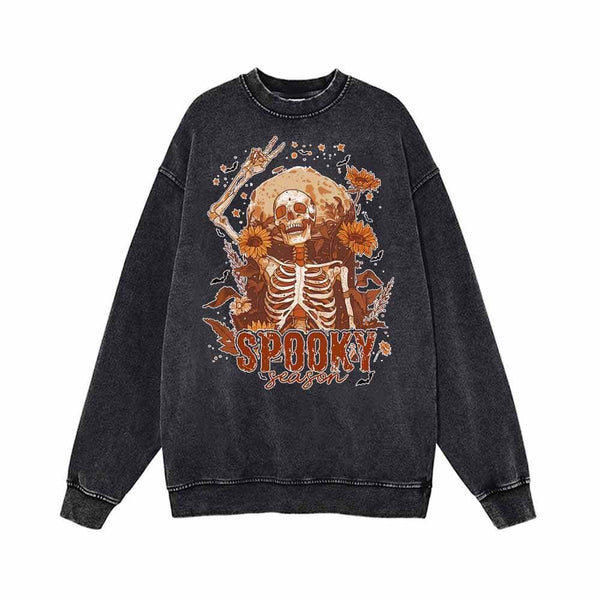 Happy Skeleton Spooky Season Vintage Washed Hoodie Sweatshirt