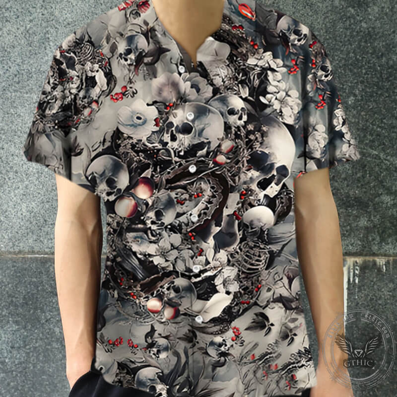 Camisa hawaiana de poliéster con estampado de esqueleto