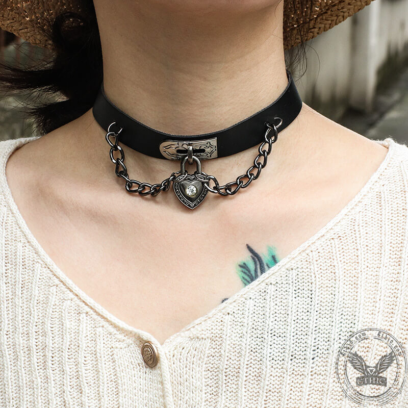 Heart Lock Alloy Leather Choker Necklace