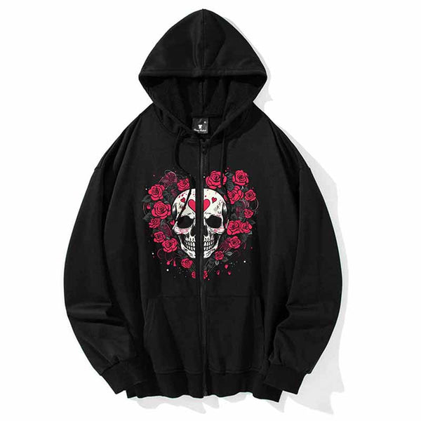 Heart Love Rose Skull Print Hoodie Coat | Gthic.com