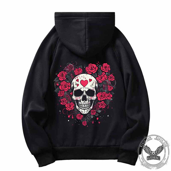 Heart Love Rose Skull Print Hoodie Coat | Gthic.com