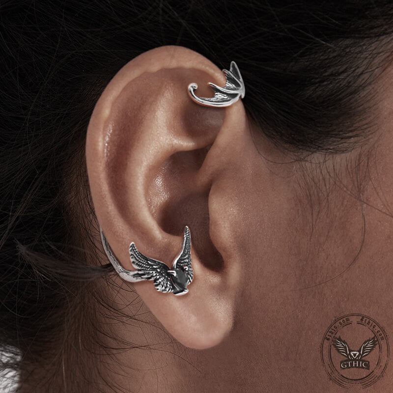 Heart Shape Zircon Devil Wings Stainless Steel Ear Cuff Earrings| Gthic.com