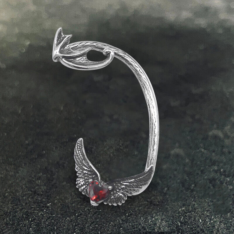 Heart Shape Zircon Devil Wings Stainless Steel Ear Cuff Earrings| Gthic.com