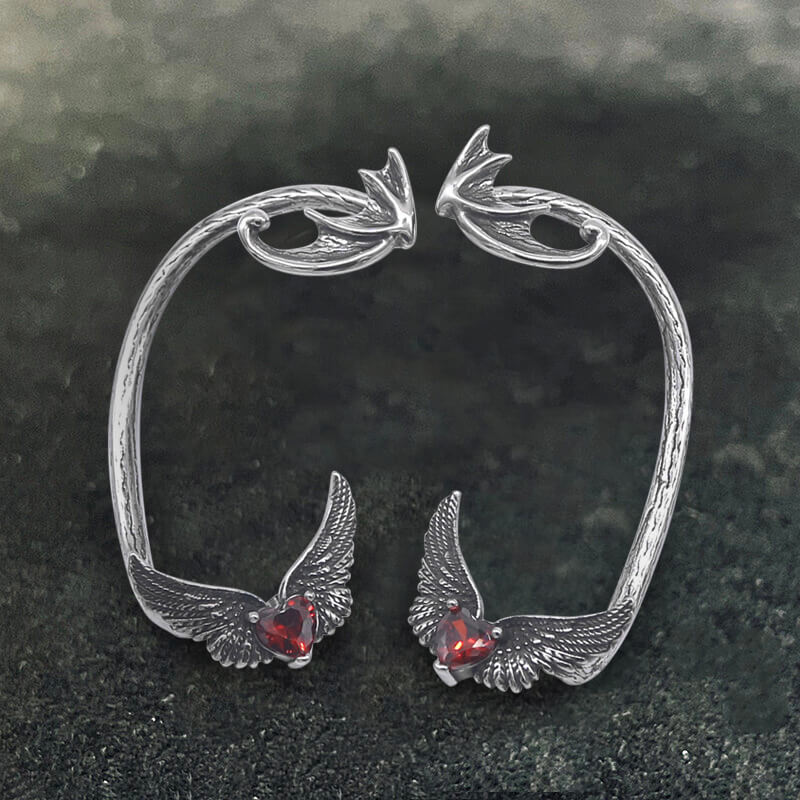 Heart Shape Zircon Devil Wings Stainless Steel Ear Cuff Earrings| Gthic.com