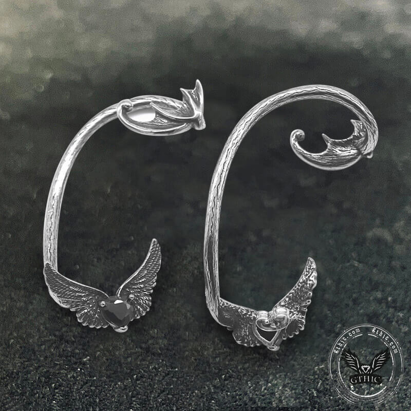 Heart Shape Zircon Devil Wings Stainless Steel Ear Cuff Earrings| Gthic.com