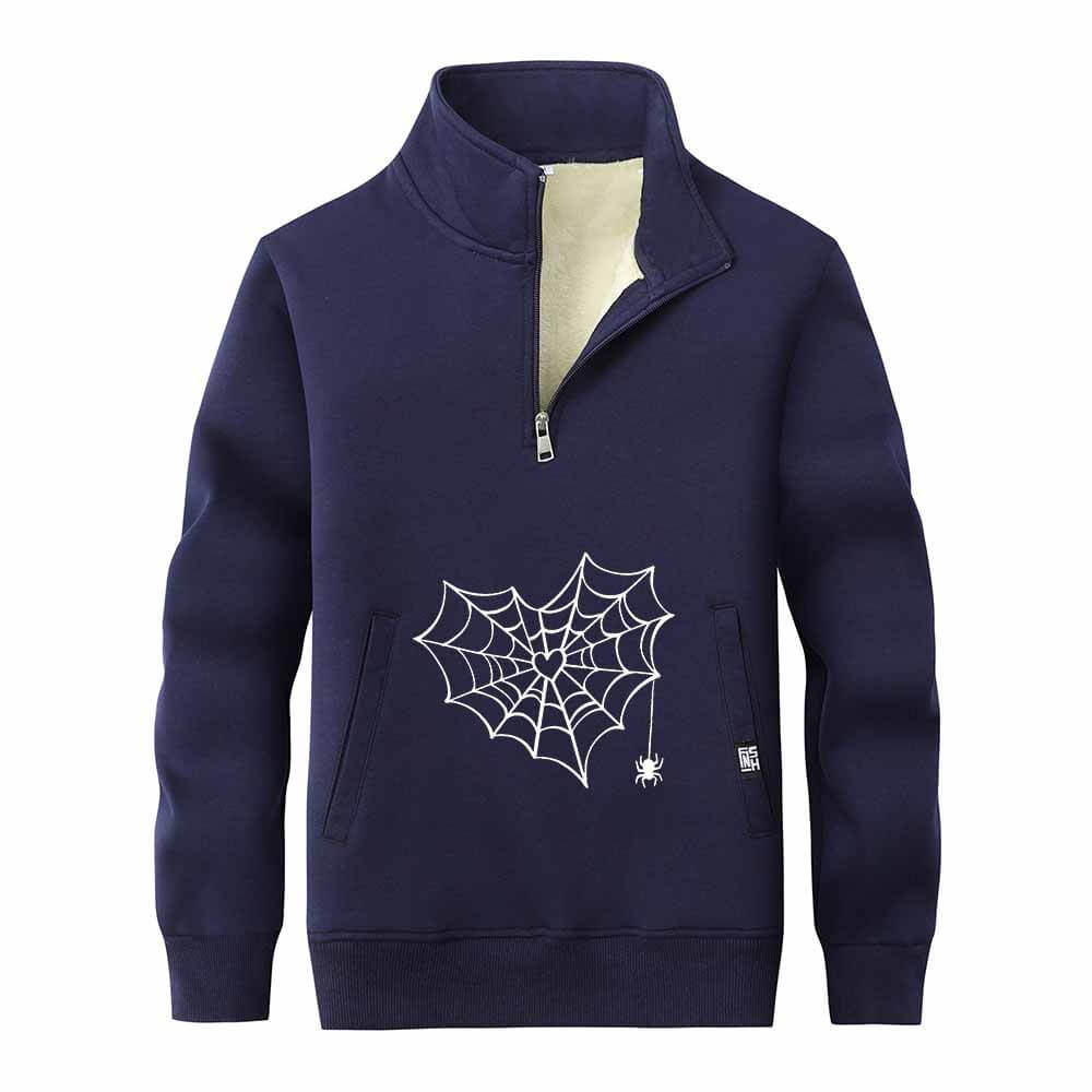 Heart Spiderweb Pattern Stand Collar Zip Fleece Sherpa Sweatshirt