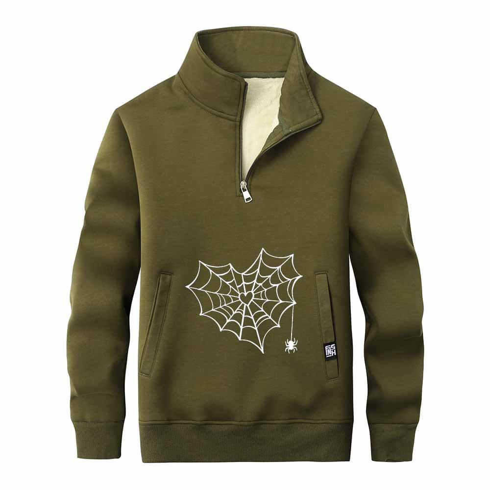 Heart Spiderweb Pattern Stand Collar Zip Fleece Sherpa Sweatshirt