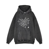 Heart Spiderweb Pattern Vintage Washed Hoodie 01 | Gthic.com