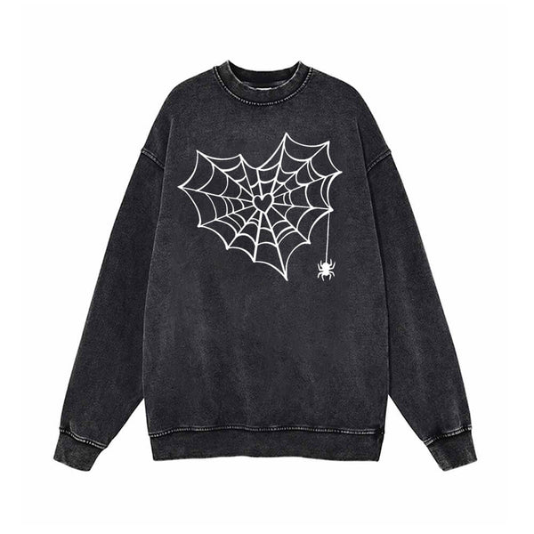 Heart Spiderweb Pattern Vintage Washed Sweatshirt 01 | Gthic.com