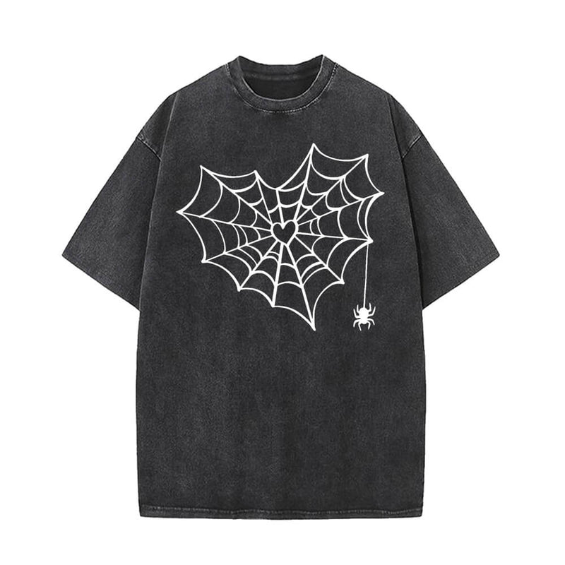 Heart Spiderweb Pattern Vintage Washed T-shirt 01 | Gthic.com