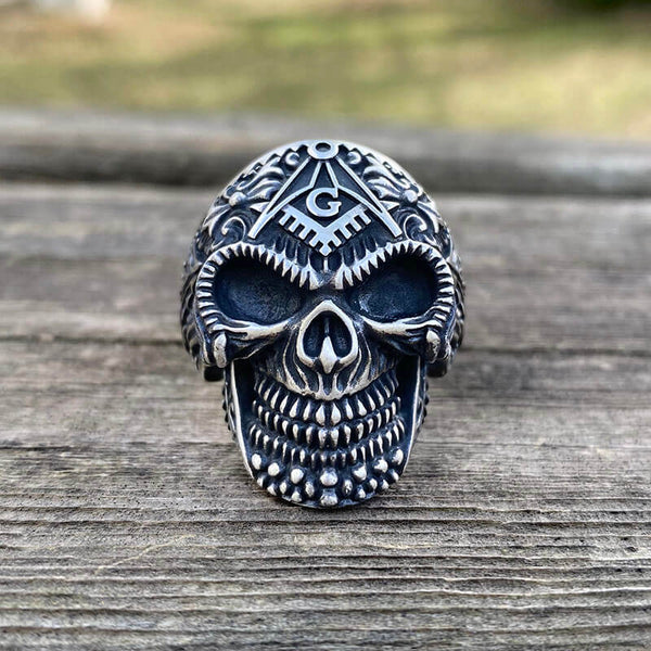 Heavy Metal Sterling Silver Masonic Skull Ring 04 | Gthic.com