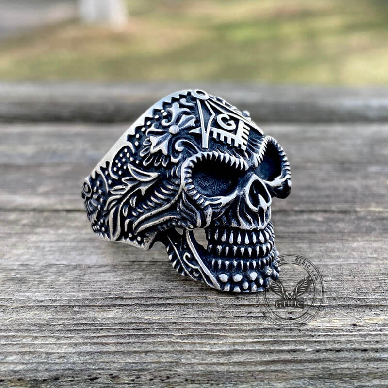 Heavy Metal Sterling Silver Masonic Skull Ring 05 | Gthic.com
