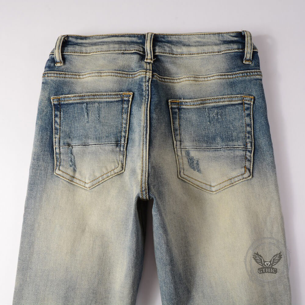 High-Street Distressed Patches Slim-Fit Stretch Jeans