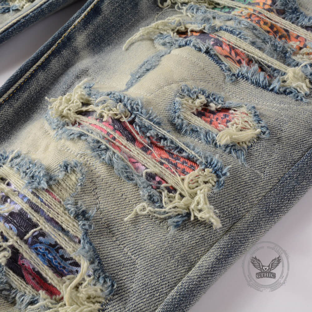 High-Street Distressed Patches Slim-Fit Stretch Jeans