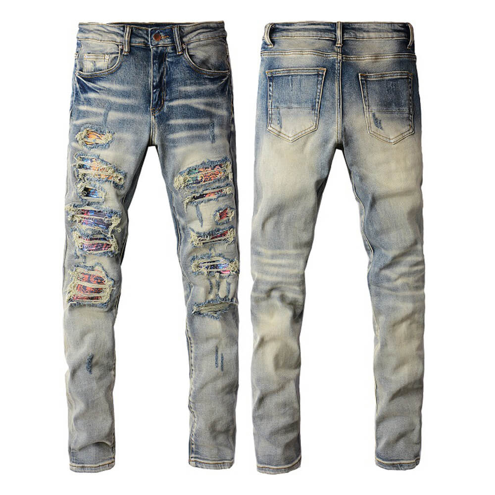 High-Street Distressed Patches Slim-Fit Stretch Jeans | Gthic.com